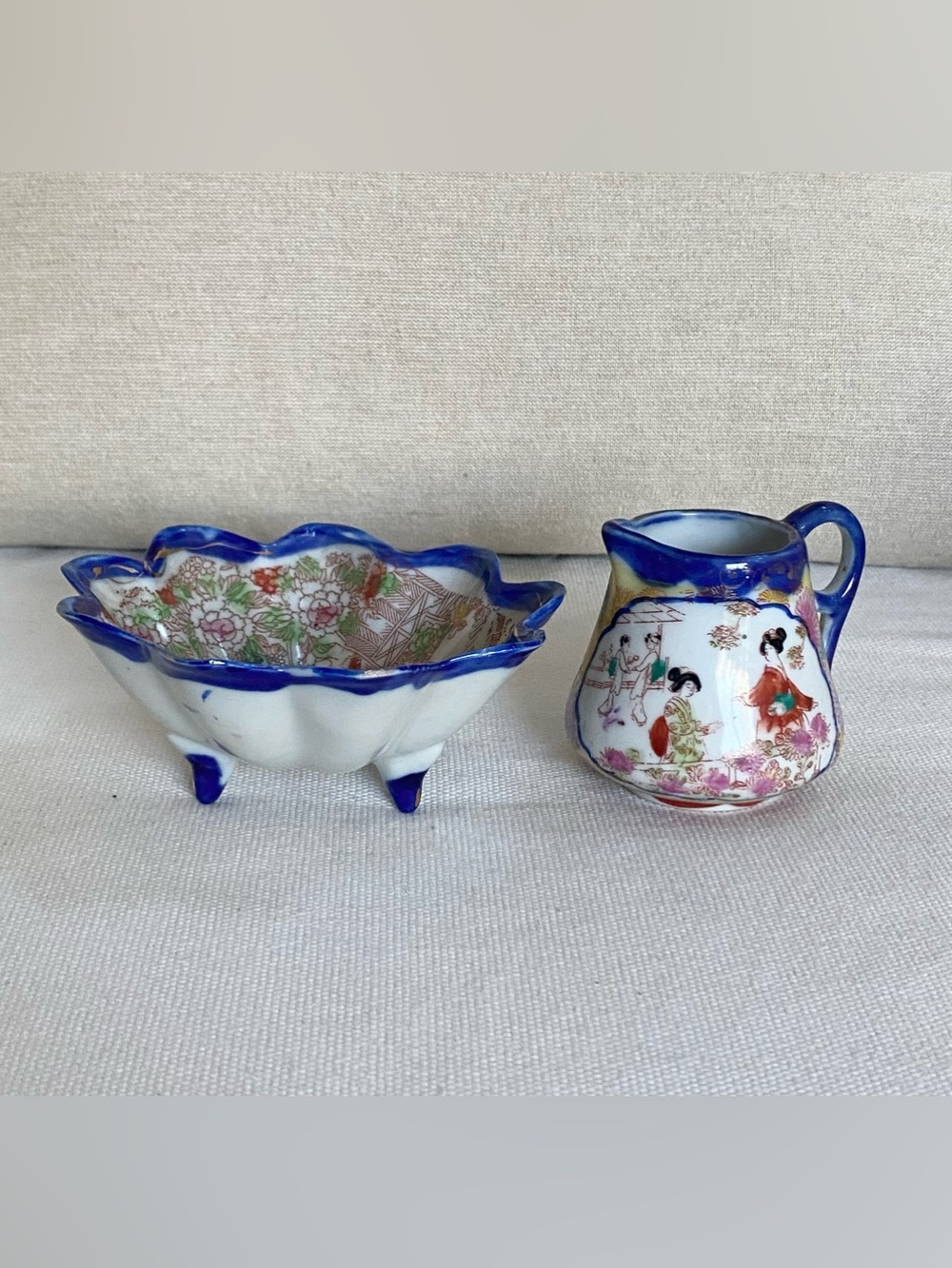 VTG 40s Japanese Geisha Girl Porcelain Footed Bowl & Mini Pitcher Creamer Set
